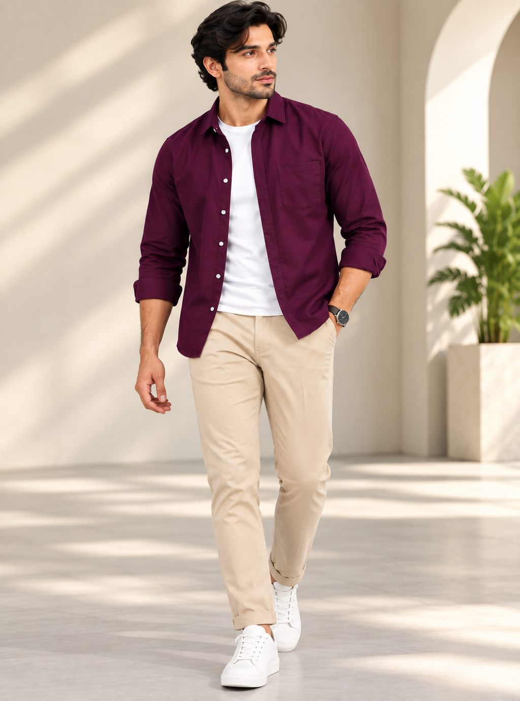 Cotton Chambray Double Shirt – Maroon