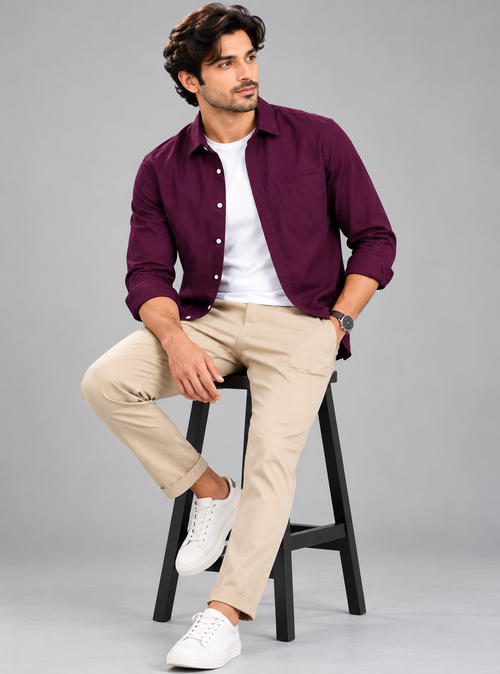 Cotton Chambray Double Shirt – Maroon