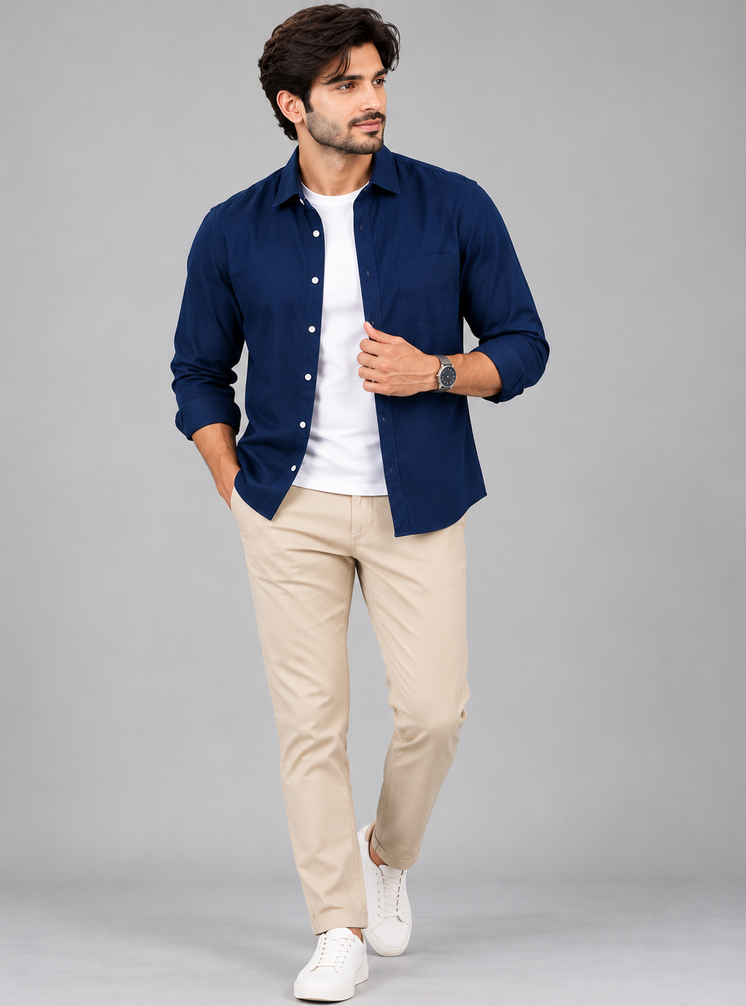 Cotton Chambray Double Shirt – Navy Blue