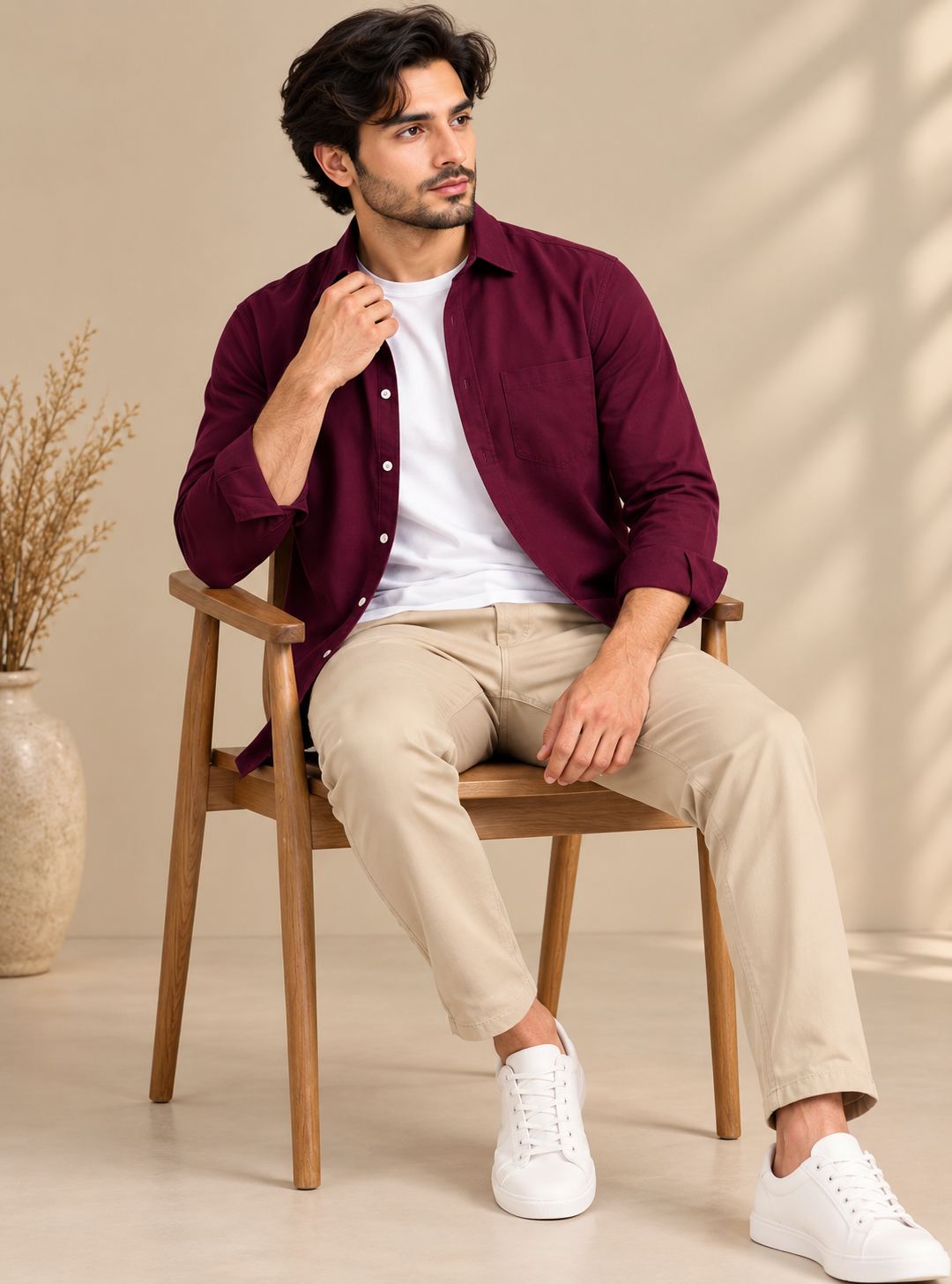Cotton Chambray Double Shirt – Maroon