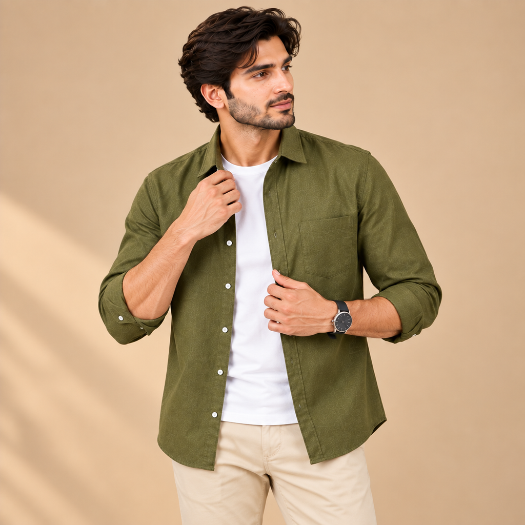 Cotton Chambray Double Shirt – Olive Green