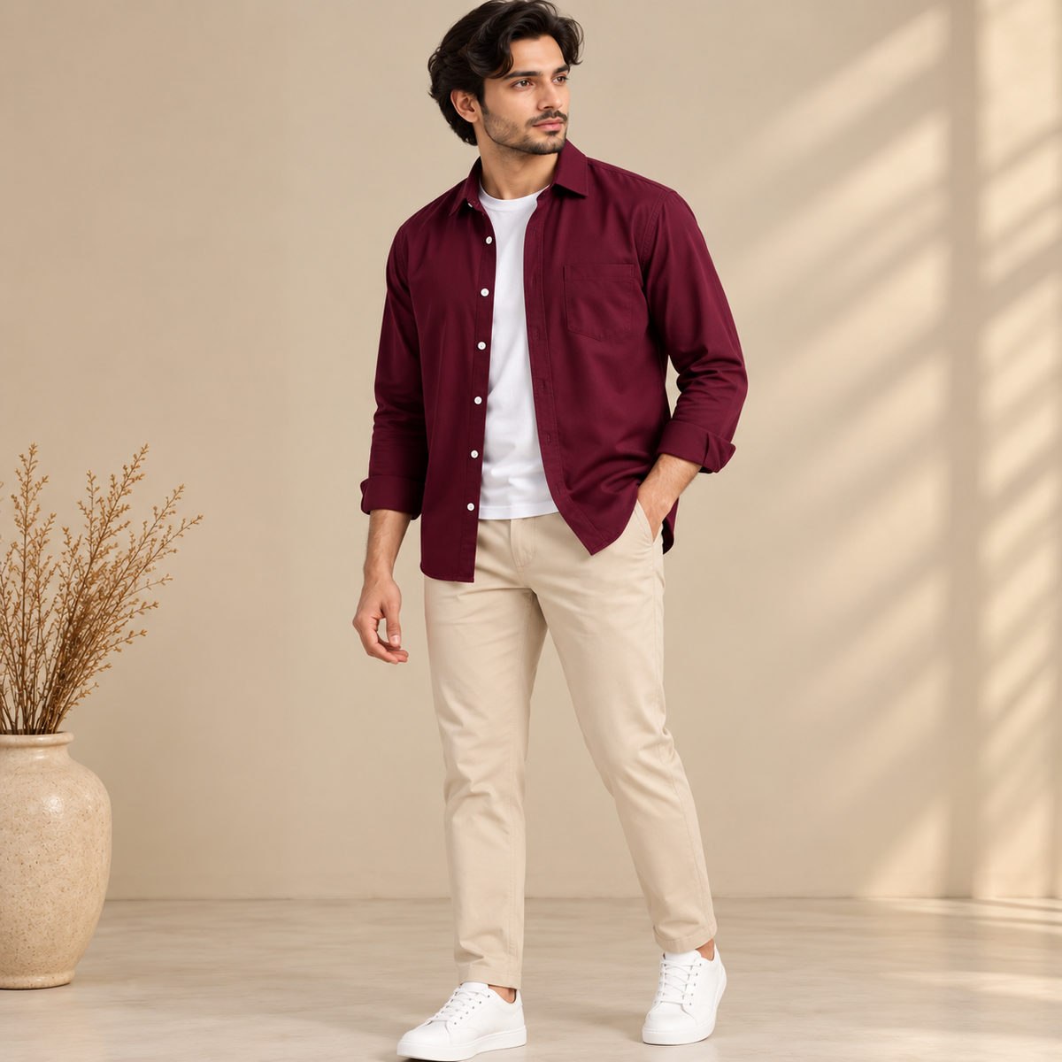 Cotton Chambray Double Shirt – Maroon
