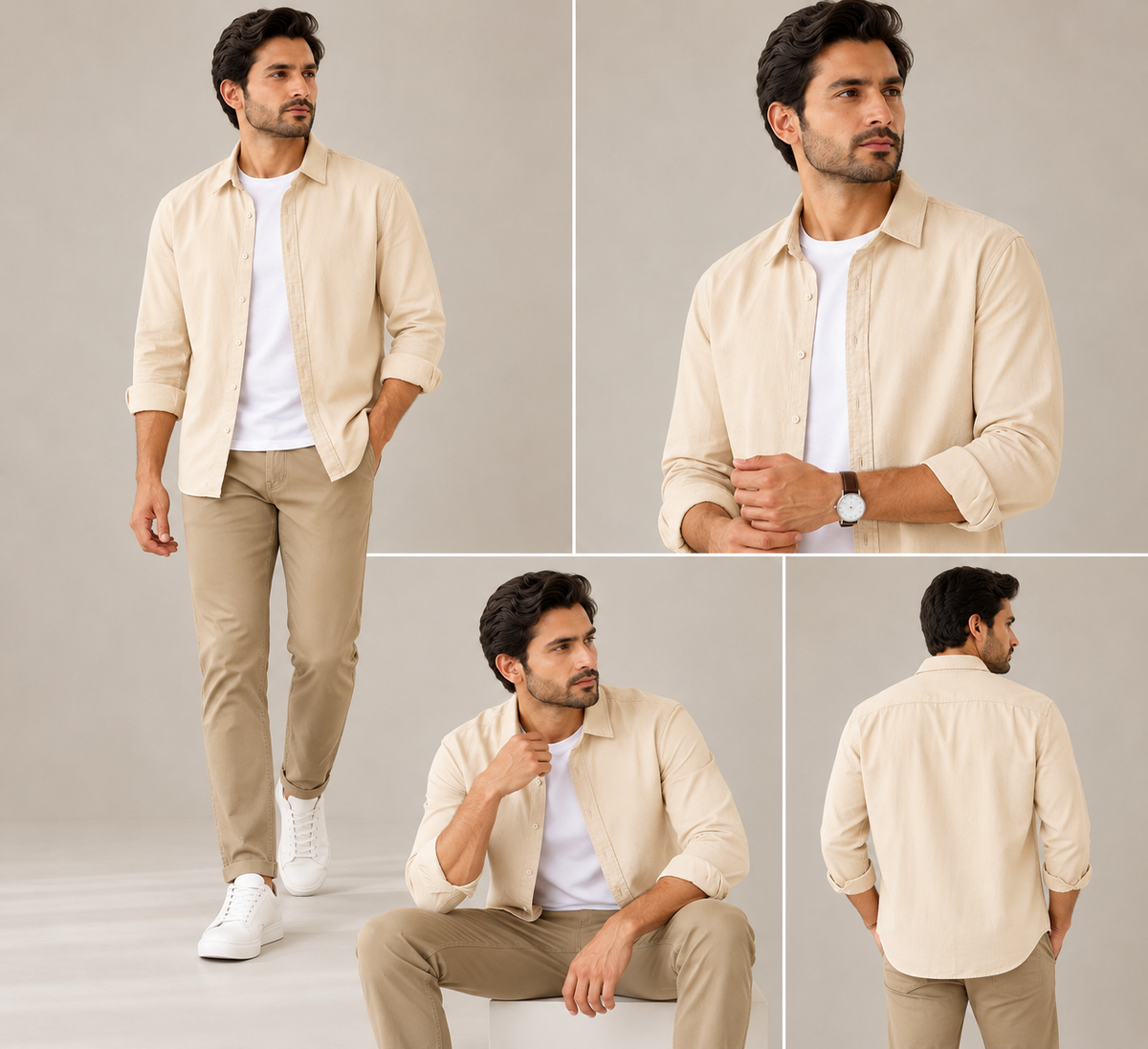 Cotton Chambray Double Shirt – Beige
