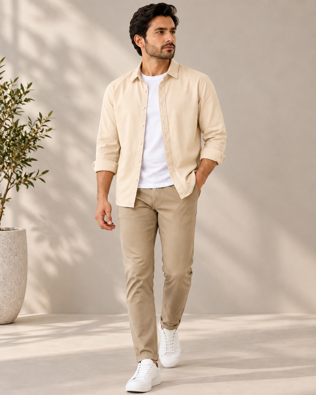Cotton Chambray Double Shirt – Beige
