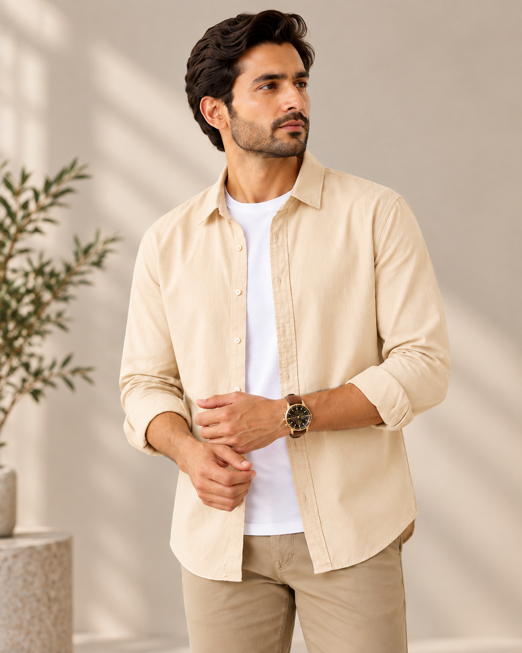 Cotton Chambray Double Shirt – Beige