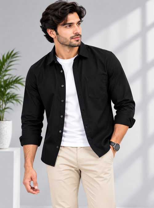 Cotton Chambray Double Shirt – Black