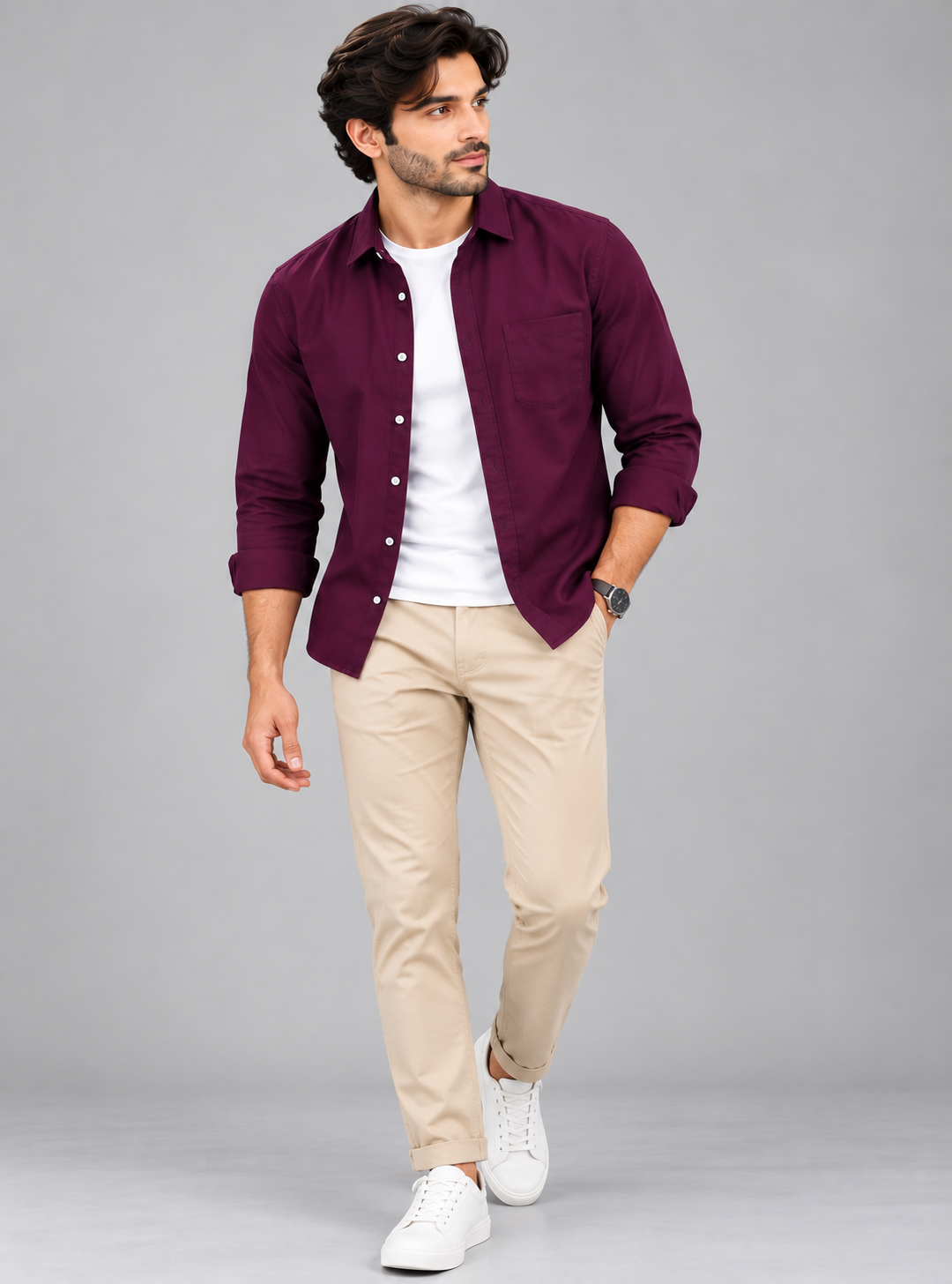 Cotton Chambray Double Shirt – Maroon