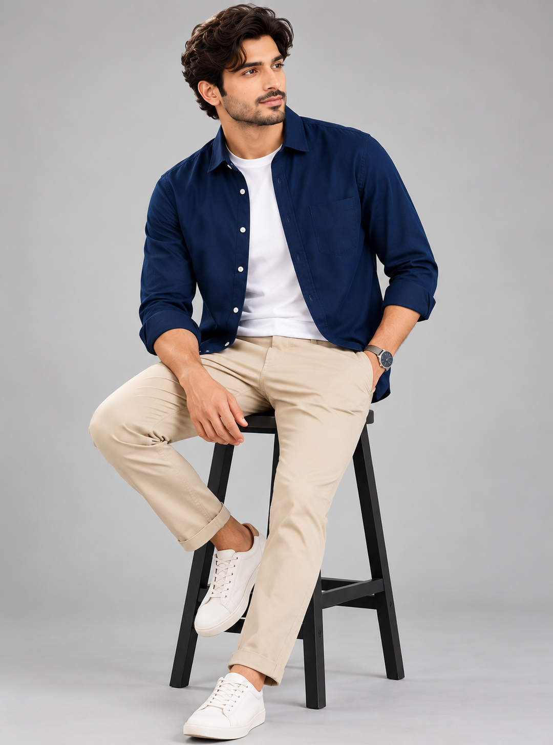 Cotton Chambray Double Shirt – Navy Blue