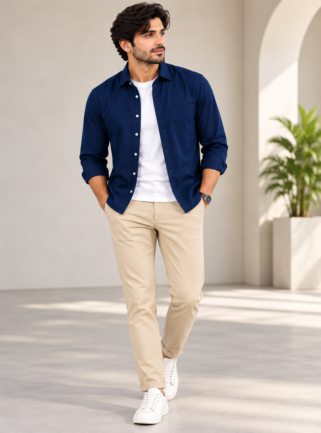 Cotton Chambray Double Shirt – Navy Blue