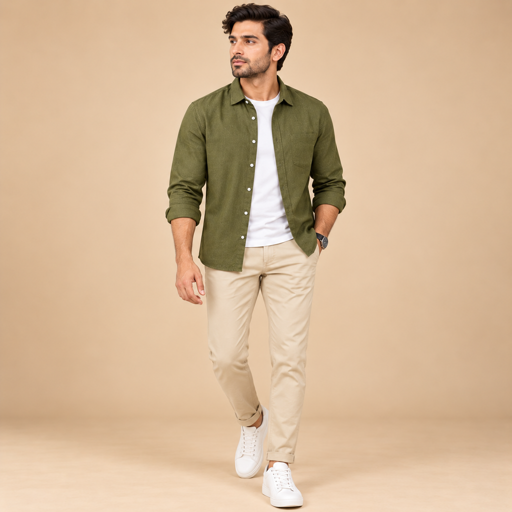 Cotton Chambray Double Shirt – Olive Green