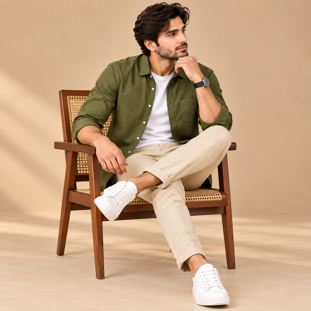 Cotton Chambray Double Shirt – Olive Green