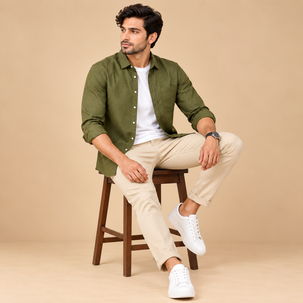 Cotton Chambray Double Shirt – Olive Green