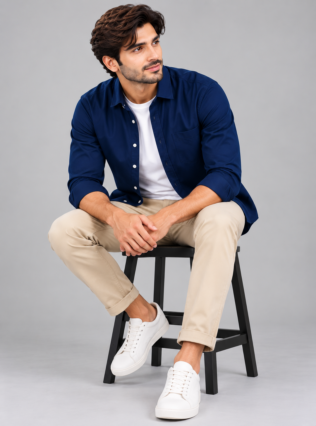 Cotton Chambray Double Shirt – Navy Blue