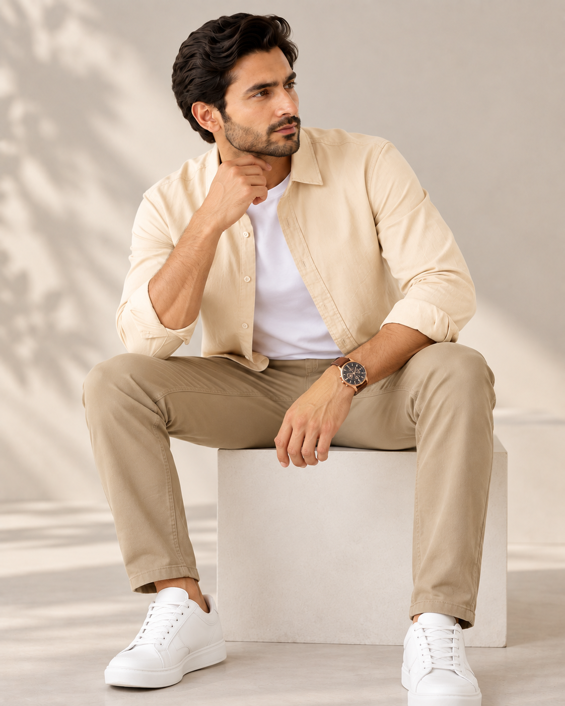 Cotton Chambray Double Shirt – Beige