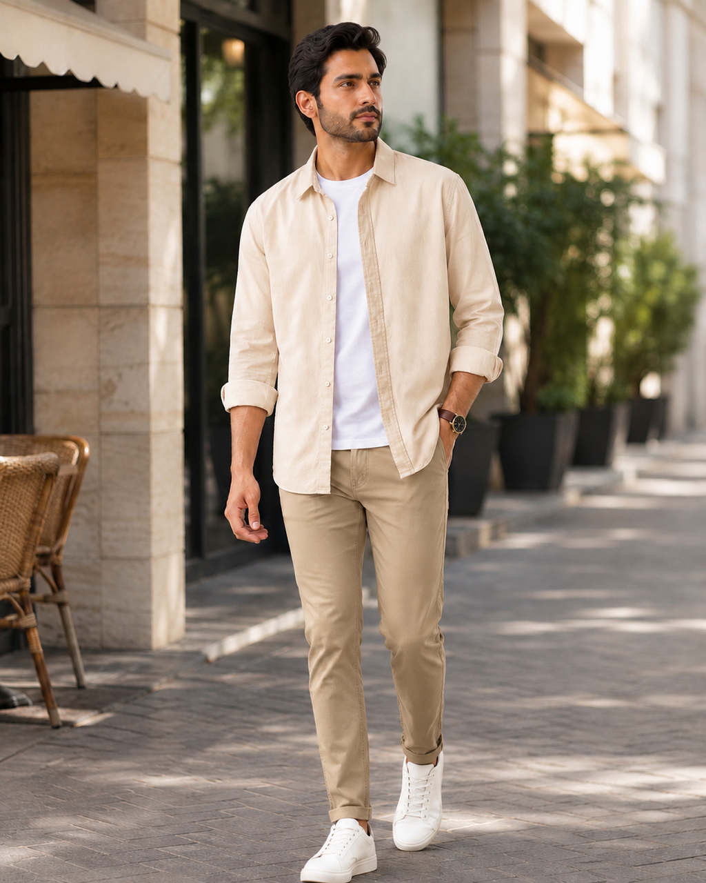 Cotton Chambray Double Shirt – Beige